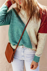 Multicolor sweater with round neck and ribbed border color block