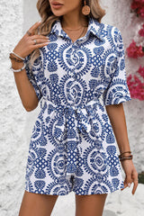 Combi-short chemise ceinturée à manches courtes imprimée mandala bleue-A WOMAN WE LOVE
