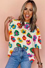 Camiseta de gran tamaño Apricot de leopardo impreso con hombros caídos