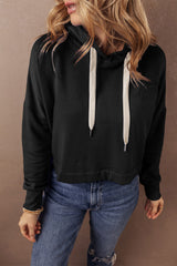 Short black hooded plain with drooping shoulders *