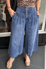 Pantalon en denim à jambe large et court plissé bleu crépuscule avec boutons taille haute