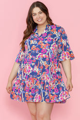 Blue mini-ruffle with ruffle and 3/4 sleeves with large floral print