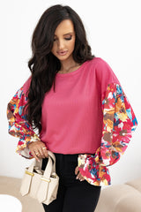 Talling shoulder top in ribbed with fluffed sleeves and patchwork of pink flowers sachet