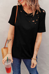 Camiseta de algodón mezclada con cuello redondo negro