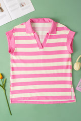 Short -sleeved top and v -collar with pink stripes