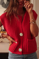 Buttoned Sweater in single -red textured knitting *