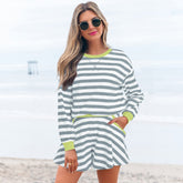 Ensemble chemisier et short ample à manches longues et bandes côtelées contrastées à rayures grises