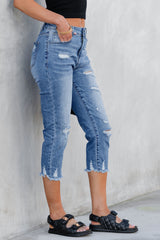Jean capri skinny bleu ciel délavé à déchirures