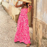 Pink High Waisted Smocked Maxi Dress with Ruffled Straps and Leopard Print
