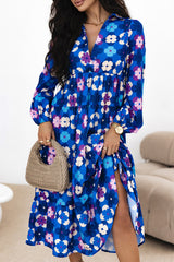 Blue floral midi dress with ruffled peasant sleeves and ruffles