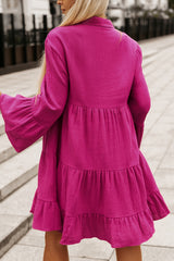 Pink Tiered Crinkled Shirt Dress with Split Collar