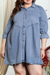 Light blue denim dress with 3/4 sleeves and buttoned on the front, large size