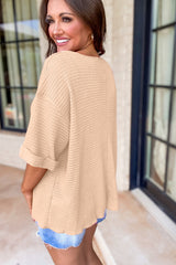 Short -sleeved top and reverse with split collar in textured knitting