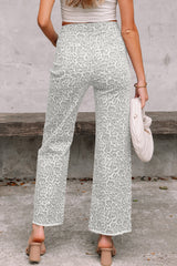 Jean taille haute à jambe large et bord effiloché léopard gris