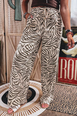 Pantalon beige zébré à taille élastiquée et cordon