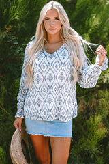 Chemisier bleu ciel à imprimé géométrique froncé à manches bouffantes et col en V-A WOMAN WE LOVE