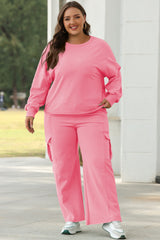 Sachet Solid Color Pink Patchwork Pullover and Cargo Pants Set