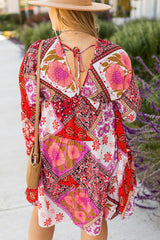 Plus Size Pink Mixed Floral Long Sleeve V Neck Lace Up Hollow Out Back Dress