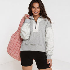 Grey Half Zip Drop Shoulder Sweatshirt with Side Slits