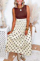 Jupe longue beige à pois et taille haute smockée