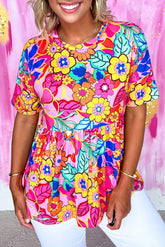 Haut babydoll plissé à manches courtes et imprimé floral rose