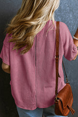 Rose - Textured V-Neck Drop Shoulder T-Shirt