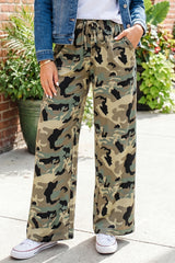 Pantalon ample multicolore camouflage à cordon et poches latérales