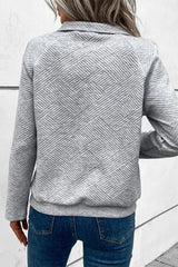 Light Grey Textured Knit Button-Down Sweatshirt with Kangaroo Pocket