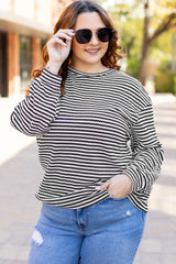 Black Striped Drop Shoulder T-Shirt, Long Puff Sleeves, Crew Neck, Plus Size