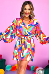 Multicolor mini-puffing sleeve and abstract printed belt