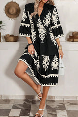 Black geometric western print loose midi dress with 3/4 sleeves