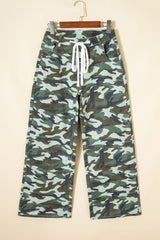 Pantalon en denim vert à imprimé camouflage, jambe large et cordon de serrage