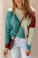 Multicolor sweater with round neck and ribbed border color block