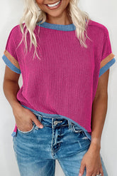 T-shirt with round neck and contrasting border textured bright pink