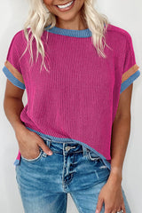 T-shirt with round neck and contrasting border textured bright pink