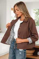 Veste marron foncé à col et doublure léopard patchwork