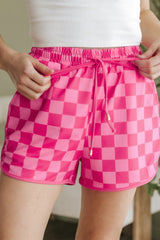 Short décontracté à taille élastique avec cordon de serrage à carreaux rose