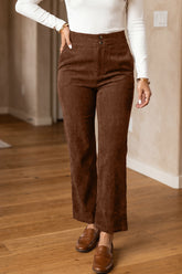 Pantalon droit marron en velours côtelé à taille élastiquée