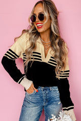Black V-neck sweater with color block stripes