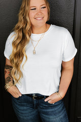 T-shirt blanc à col rond et manches retroussées, grande taille