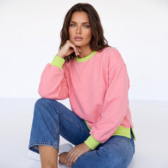Pink bubble sleeve color block sweatshirt
