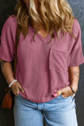 Rose - Textured V-Neck Drop Shoulder T-Shirt