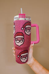 Red Rose Diamond Rouge Christmas Thermos Cup Santa Claus with Straw 40oz