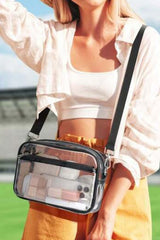 Sac transparent à bordures noires, multi-poches et bandoulière amovible