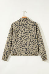 Khaki Retro Leopard Print Seam Detail Button Down Denim Jacket