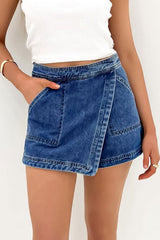 Jupe-short mini en jean bleu à effet portefeuille