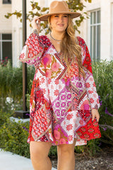 Plus Size Pink Mixed Floral Long Sleeve V Neck Lace Up Hollow Out Back Dress