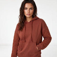 Sweat à capuche matelassé marron à patchwork et coutures apparentes
