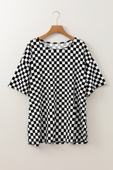 Black plaid t-shirt with side slits, round neck, plus size