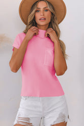 Pink sweater with short sleeve in ribbed knitting *